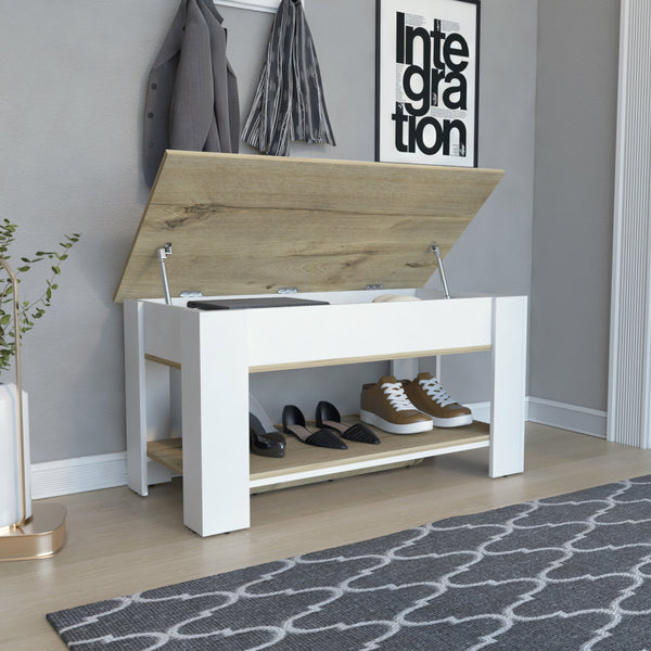 English Elm Karmen Lift-Top Storage Table with Hidden Compartments and Shoe Rack, Light Oak Accent for Entryway White B06280111