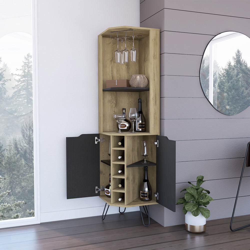 English Elm 2-Shelf Elegant Bar Cabinet Macadamia and Wenge with 6 Wine Cubbies, Cup Rack, 4 Shelves & Doors B062S00053