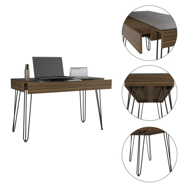 English Elm Mahogany Writing Desk With Glass Top, Hairpin Legs & Drawer - Stylish Compact Home Office Solution B062S00069
