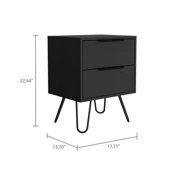 English Elm Wenge Modern 2-Drawer Nightstand with Steel Legs — Sleek Minimalist Storage for Contemporary Homes B06280316