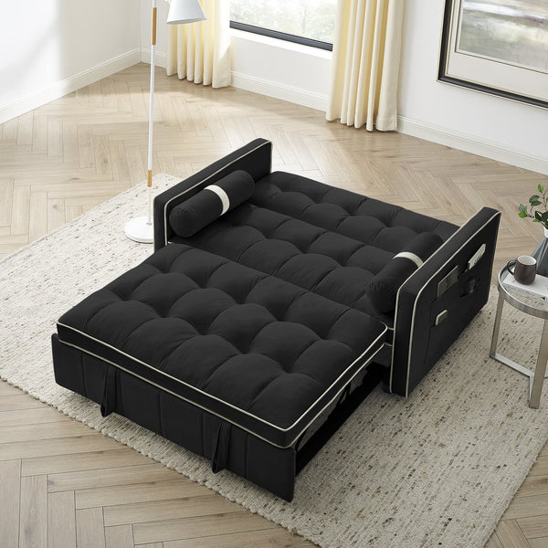 English Elm Modern Velvet Pull-Out Sofa Bed 2-Seater with Adjustable 3-Position Backrest, Lumbar Pillows & Pockets Black W119368698