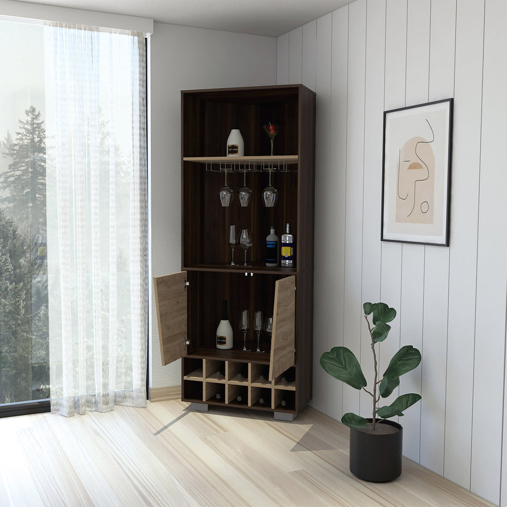 English Elm Paso Corner Bar Cabinet 10-Bottle Dark Oak & Pine — 3 Shelves, 2 Doors, Cup Rack, Stylish Storage Centerpiece B062S00016