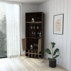 English Elm Paso Corner Bar Cabinet 10-Bottle Dark Oak & Pine — 3 Shelves, 2 Doors, Cup Rack, Stylish Storage Centerpiece B062S00016