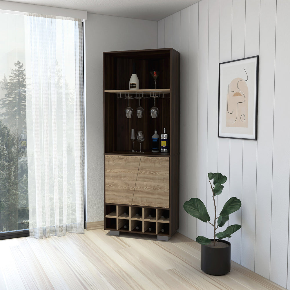 English Elm Paso Corner Bar Cabinet 10-Bottle Dark Oak & Pine — 3 Shelves, 2 Doors, Cup Rack, Stylish Storage Centerpiece B062S00016
