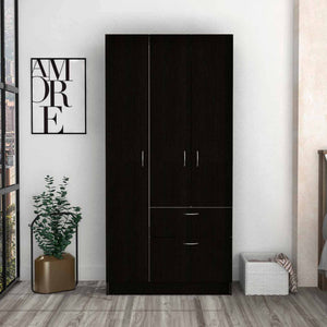 English Elm Meredith Wenge & White 1-Drawer Rectangle Armoire with Hanging Rod, 7 Shelves & Pull-Down Cabinet B062S00108