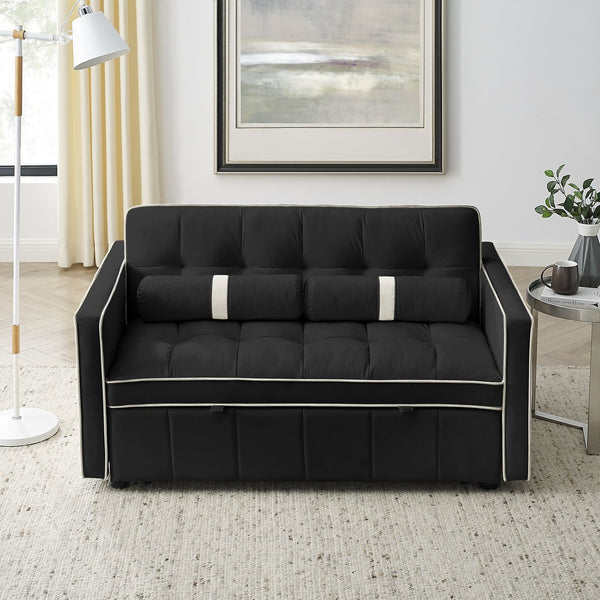 English Elm Modern Velvet Pull-Out Sofa Bed 2-Seater with Adjustable 3-Position Backrest, Lumbar Pillows & Pockets Black W119368698