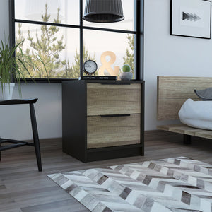 English Elm Wenge Two-Drawer Nightstand with Pine Accents, Modern Finish, Smooth Metal Hardware, Compact Storage B06280501