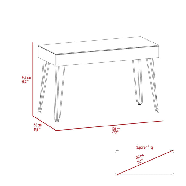English Elm Mahogany Writing Desk With Glass Top, Hairpin Legs & Drawer - Stylish Compact Home Office Solution B062S00069