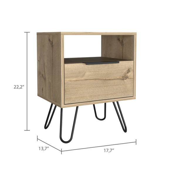 English Elm Light Oak Hairpin-Leg Nightstand with Drawer & Shelf, Modern Industrial Accent Table for Cozy Bedrooms B06280480