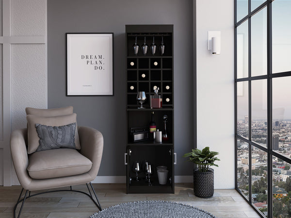 English Elm Wengue 16-Bottle Bar Cabinet with 1 Shelf, 2 Doors, 12-Glass Rack & 16 Cubbies for Entertaining Elegance B062S00059