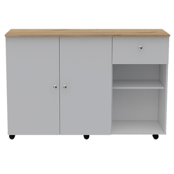 English Elm Sayville White and Pine Kitchen Island with Rolling Lock Casters, 2 Drawers, 6 Shelves, Towel Bars B062S00030