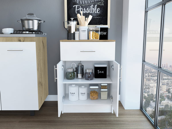 English Elm Wilmington Space-Saving 1-Drawer Pantry Cabinet in White & Light Oak – Countertop, 2 Shelves, Compact Storage B06280340