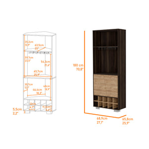 English Elm Paso Corner Bar Cabinet 10-Bottle Dark Oak & Pine — 3 Shelves, 2 Doors, Cup Rack, Stylish Storage Centerpiece B062S00016