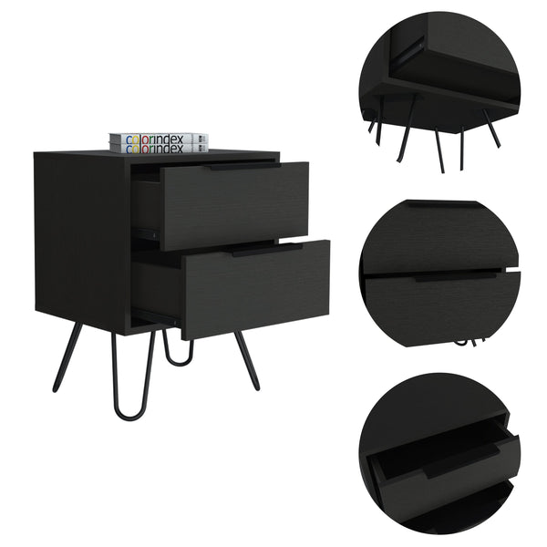 English Elm Wenge Modern 2-Drawer Nightstand with Steel Legs — Sleek Minimalist Storage for Contemporary Homes B06280316