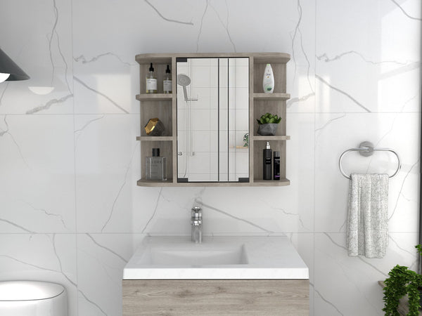English Elm Roseburg Elegant 9-Shelf Medicine Cabinet with Center Mirror Door and Six Open Display Shelves for Bath Light Gray B06280465
