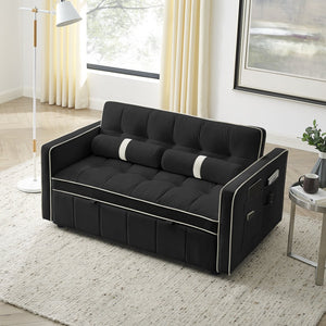 English Elm Modern Velvet Pull-Out Sofa Bed 2-Seater with Adjustable 3-Position Backrest, Lumbar Pillows & Pockets Black W119368698