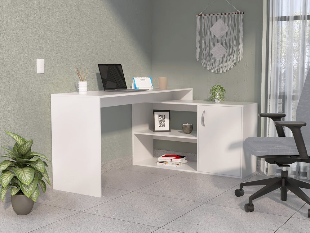 English Elm White L-Shaped Office Desk with Drawer & Dual Shelves, Space-Saving Corner Cabinet, Clean Modern Design B062S00038