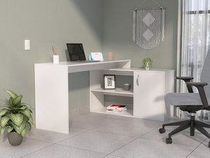 English Elm White L-Shaped Office Desk with Drawer & Dual Shelves, Space-Saving Corner Cabinet, Clean Modern Design B062S00038