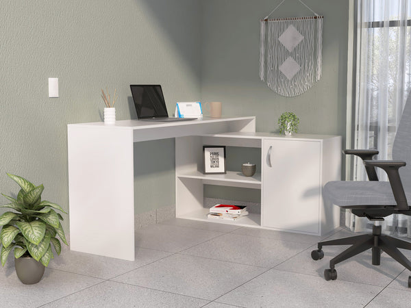English Elm White L-Shaped Office Desk with Drawer & Dual Shelves, Space-Saving Corner Cabinet, Clean Modern Design B062S00038