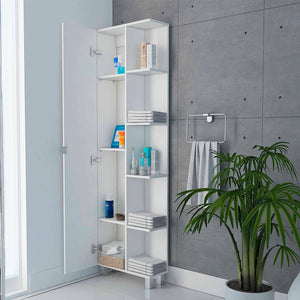 English Elm White Linen Cabinet 5-Shelf Tall Compact Storage Tower with Hidden Door & Open Display Shelves - Modern Bathroom Organizer B06280253