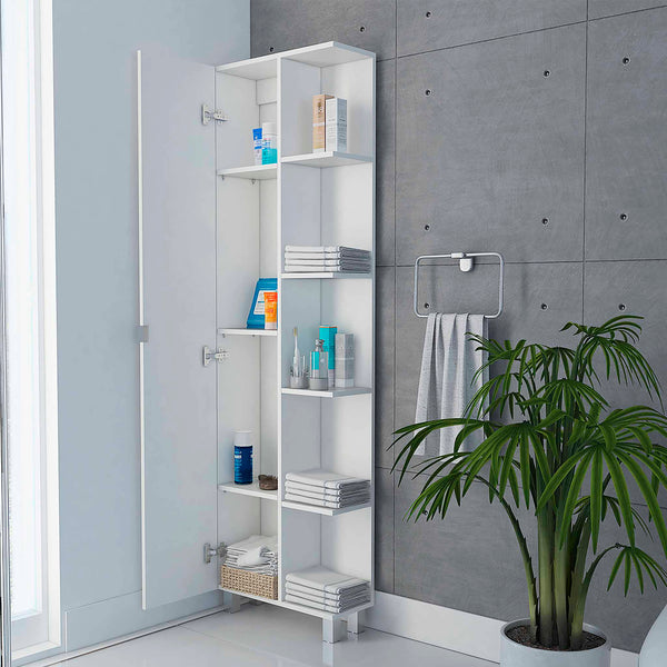 English Elm White Linen Cabinet 5-Shelf Tall Compact Storage Tower with Hidden Door & Open Display Shelves - Modern Bathroom Organizer B06280253