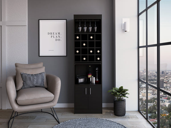 English Elm Wengue 16-Bottle Bar Cabinet with 1 Shelf, 2 Doors, 12-Glass Rack & 16 Cubbies for Entertaining Elegance B062S00059