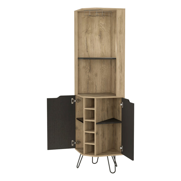 English Elm 2-Shelf Elegant Bar Cabinet Macadamia and Wenge with 6 Wine Cubbies, Cup Rack, 4 Shelves & Doors B062S00053