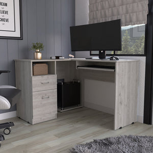 English Elm Light Grey L-Shaped Computer Desk with 2 Drawers & 1 Shelf — Modern Compact Corner Workspace Utility, Sturdy Finish, Ample Storage and Legroom B06280386