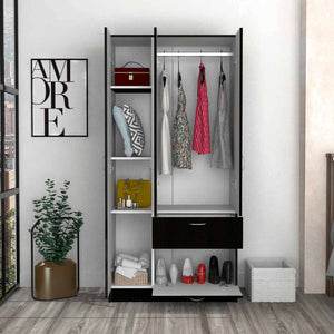 English Elm Meredith Wenge & White 1-Drawer Rectangle Armoire with Hanging Rod, 7 Shelves & Pull-Down Cabinet B062S00108