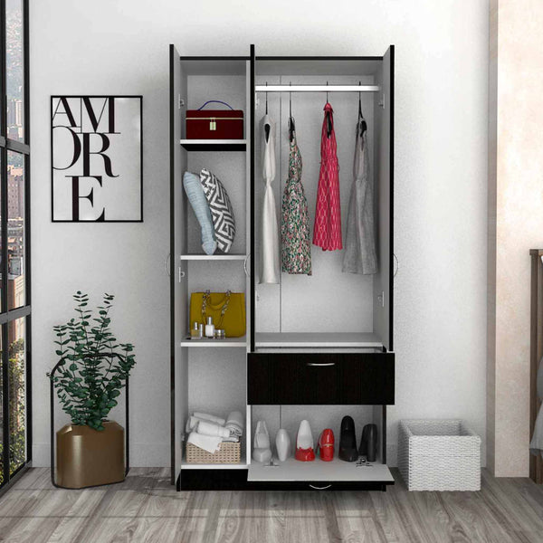 English Elm Meredith Wenge & White 1-Drawer Rectangle Armoire with Hanging Rod, 7 Shelves & Pull-Down Cabinet B062S00108