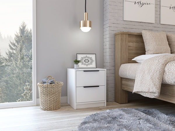 English Elm Cannon Compact 2-Drawer Nightstand in White with Sleek Bar Handles, Space-Saving Modern Storage for Bedroom B06280499