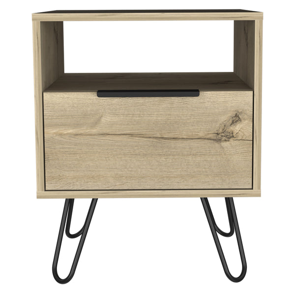 English Elm Light Oak Hairpin-Leg Nightstand with Drawer & Shelf, Modern Industrial Accent Table for Cozy Bedrooms B06280480