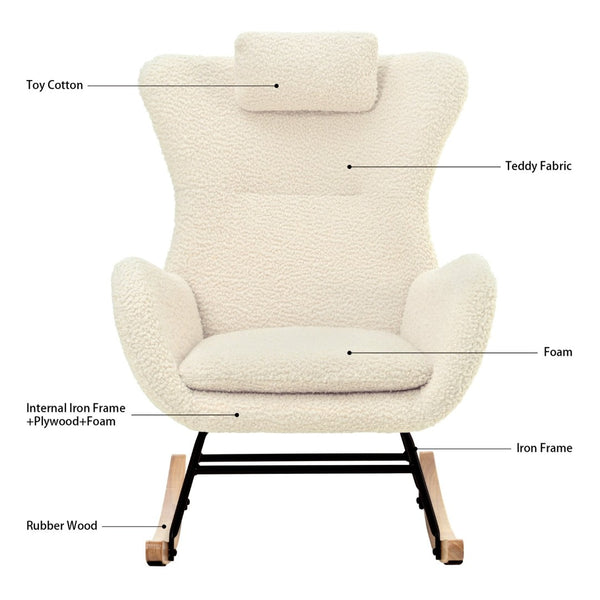 English Elm Rocking Glider Chair Teddy Upholstered High Back with Adjustable Headrest for Nursery W680127248
