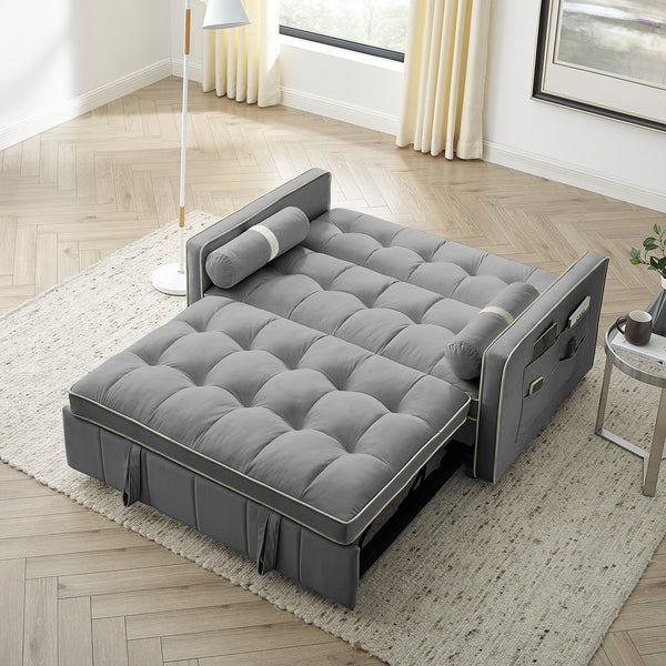 English Elm Modern Velvet Pull-Out Sofa Bed 2-Seater with Adjustable 3-Position Backrest, Lumbar Pillows & Pockets Grey W119368697