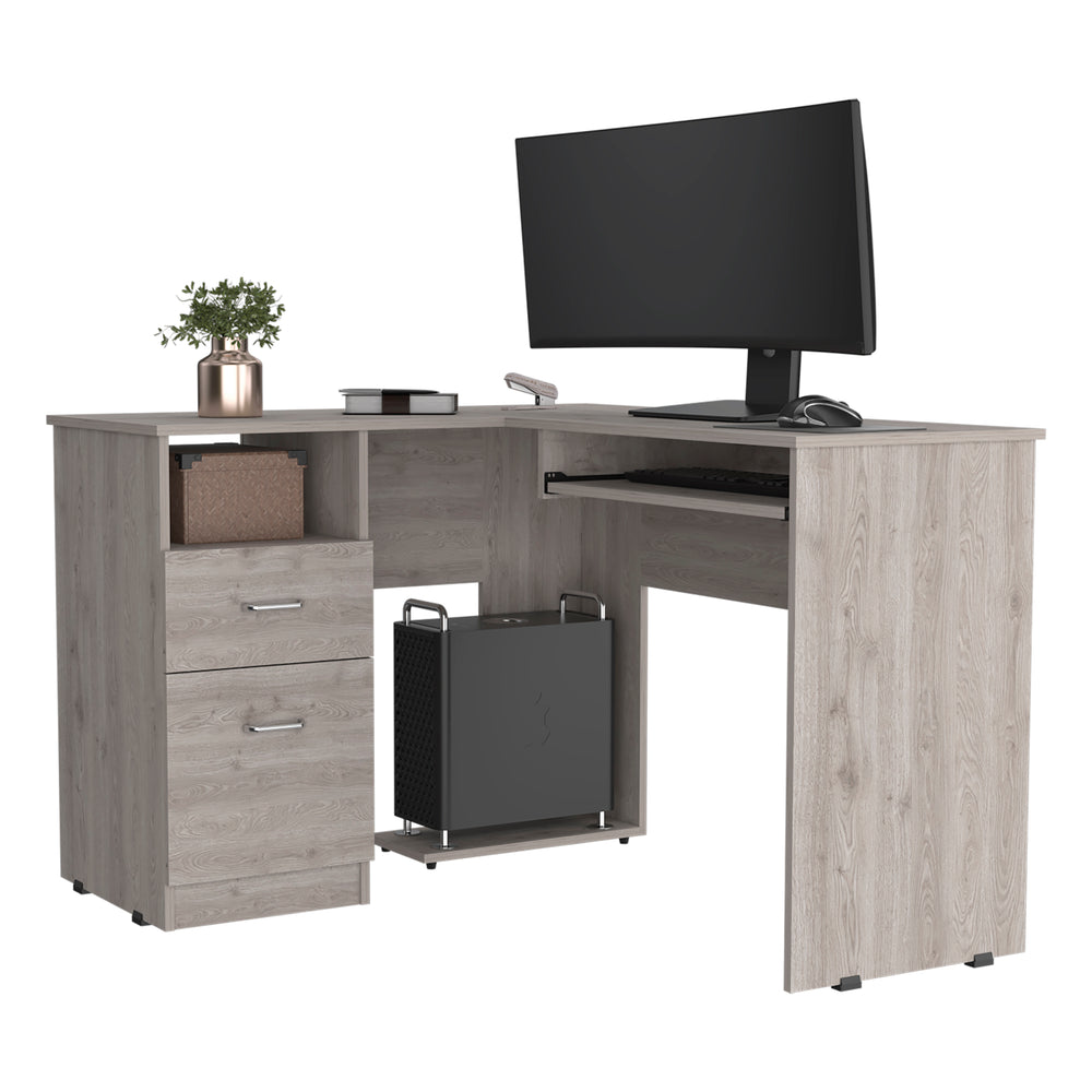 English Elm Light Grey L-Shaped Computer Desk with 2 Drawers & 1 Shelf — Modern Compact Corner Workspace Utility, Sturdy Finish, Ample Storage and Legroom B06280386