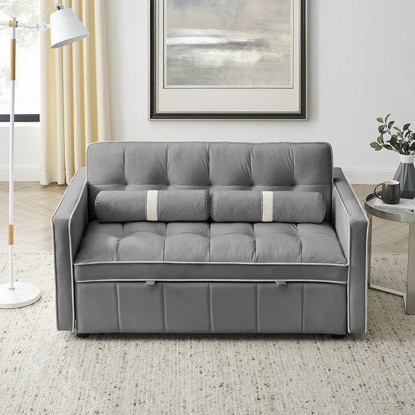 English Elm Modern Velvet Pull-Out Sofa Bed 2-Seater with Adjustable 3-Position Backrest, Lumbar Pillows & Pockets Grey W119368697