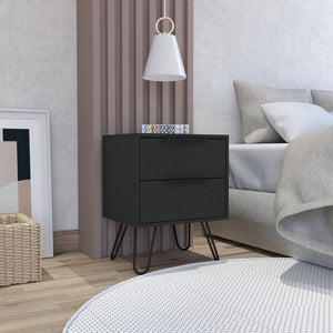 English Elm Wenge Modern 2-Drawer Nightstand with Steel Legs — Sleek Minimalist Storage for Contemporary Homes B06280316