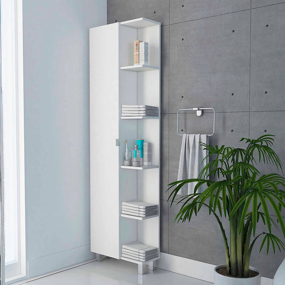 English Elm White Linen Cabinet 5-Shelf Tall Compact Storage Tower with Hidden Door & Open Display Shelves - Modern Bathroom Organizer B06280253