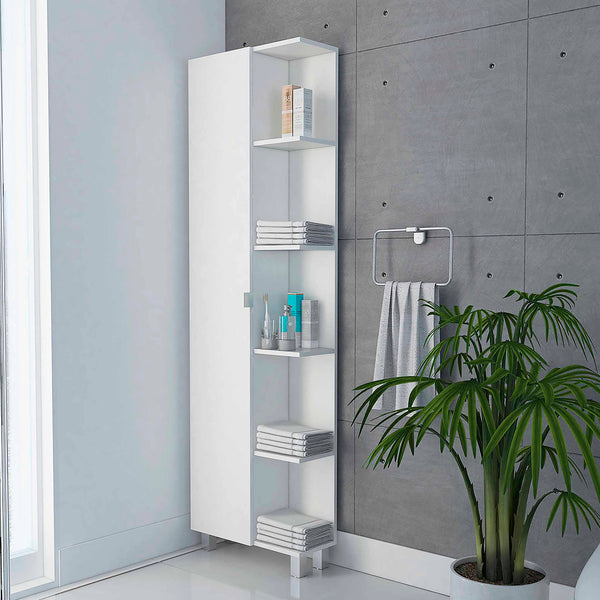 English Elm White Linen Cabinet 5-Shelf Tall Compact Storage Tower with Hidden Door & Open Display Shelves - Modern Bathroom Organizer B06280253