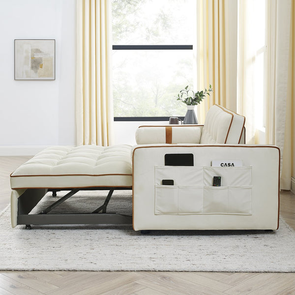 English Elm Modern Velvet Pull-Out Sofa Bed 2-Seater with Adjustable 3-Position Backrest, Lumbar Pillows & Pockets Beige W119368699