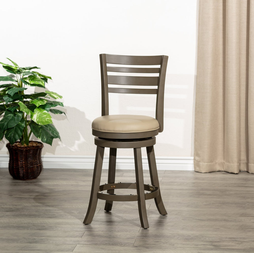 English Elm 24" Counter Height Swivel Stool with Slat Back, Bonded Leather Seat, Solid Hardwood Frame, Durable Gray B04660700
