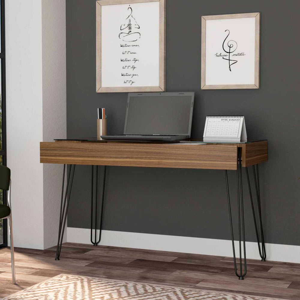 English Elm Mahogany Writing Desk With Glass Top, Hairpin Legs & Drawer - Stylish Compact Home Office Solution B062S00069