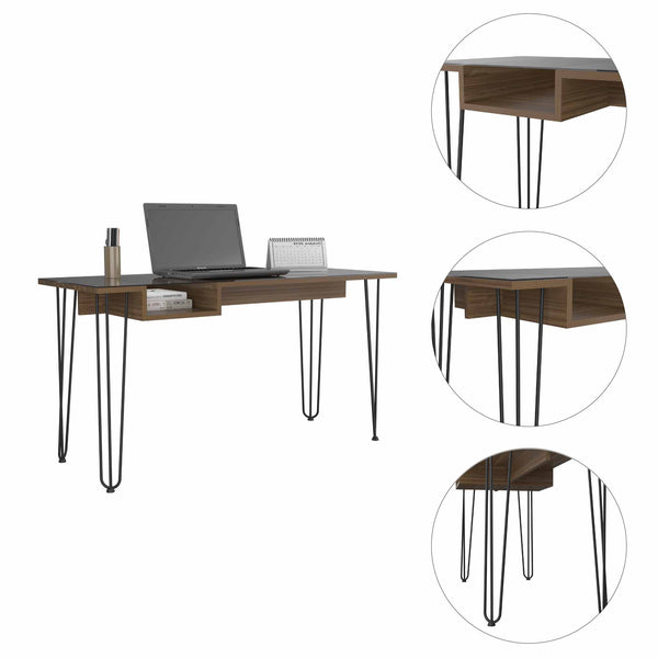 English Elm Mahogany 1-Drawer Desk With Glass Top & Hairpin Legs – Modern Mid-Century Style For Home Office B062S00070