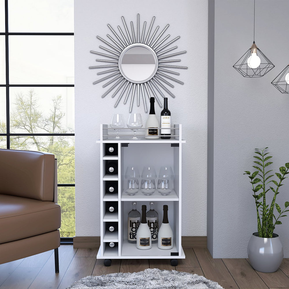 English Elm Savannah 6-Bottle 3-Shelf Bar Cart with Glass Door and Lockable Wheels — Elegant Storage & Display Solution White B06280467