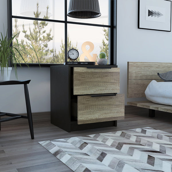 English Elm Wenge Two-Drawer Nightstand with Pine Accents, Modern Finish, Smooth Metal Hardware, Compact Storage B06280501