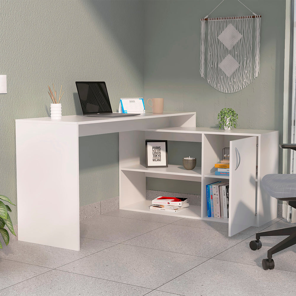 English Elm White L-Shaped Office Desk with Drawer & Dual Shelves, Space-Saving Corner Cabinet, Clean Modern Design B062S00038