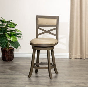English Elm 24" Counter Height Swivel Stool - Farmhouse Style In Weathered Gray With French Gray Leather Seat B04660726
