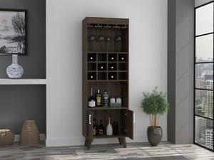 English Elm Dark Walnut Elegant Wine Bar Cabinet with 12 Cubbies, 1 Drawer, 2 Shelves & Dual Doors, 4-Leg Stand B062S00042