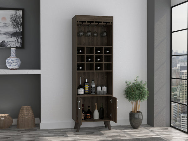 English Elm Dark Walnut Elegant Wine Bar Cabinet with 12 Cubbies, 1 Drawer, 2 Shelves & Dual Doors, 4-Leg Stand B062S00042