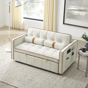 English Elm Modern Velvet Pull-Out Sofa Bed 2-Seater with Adjustable 3-Position Backrest, Lumbar Pillows & Pockets Beige W119368699